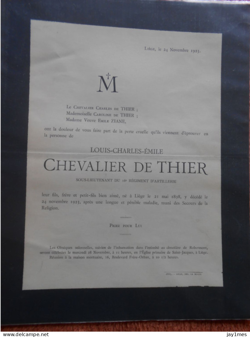 Liège Chevalier De Thier Sous-lieutenant 16eme Régiment Artillerie 1898-1923  Pour Comtesse Château à Spa - Décès
