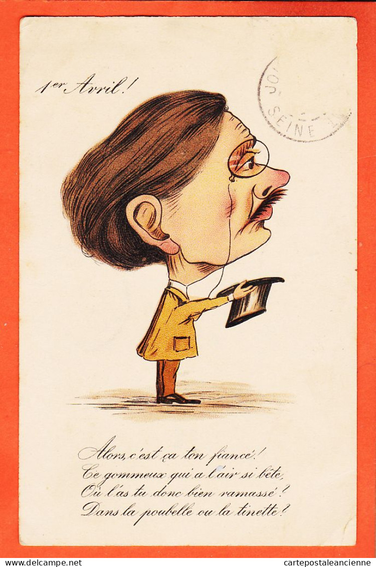 17469 / ⭐ Humour 1er Avril-C'est ça Ton Fiancé Monocle Poubelle Tinette 1904 à Jeanne GARIDOU Mercerie Midi Port-Vendres - 1er Avril - Poisson D'avril