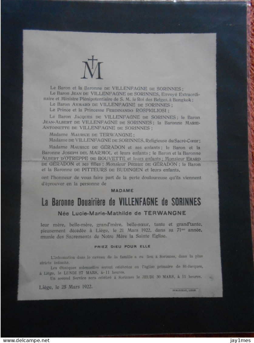 Baronne Douairière Villenfagne De Sorinnes Née Terwangne Décédée à 71 Ans En 1922  Pour Comtesse Château à Spa - Décès