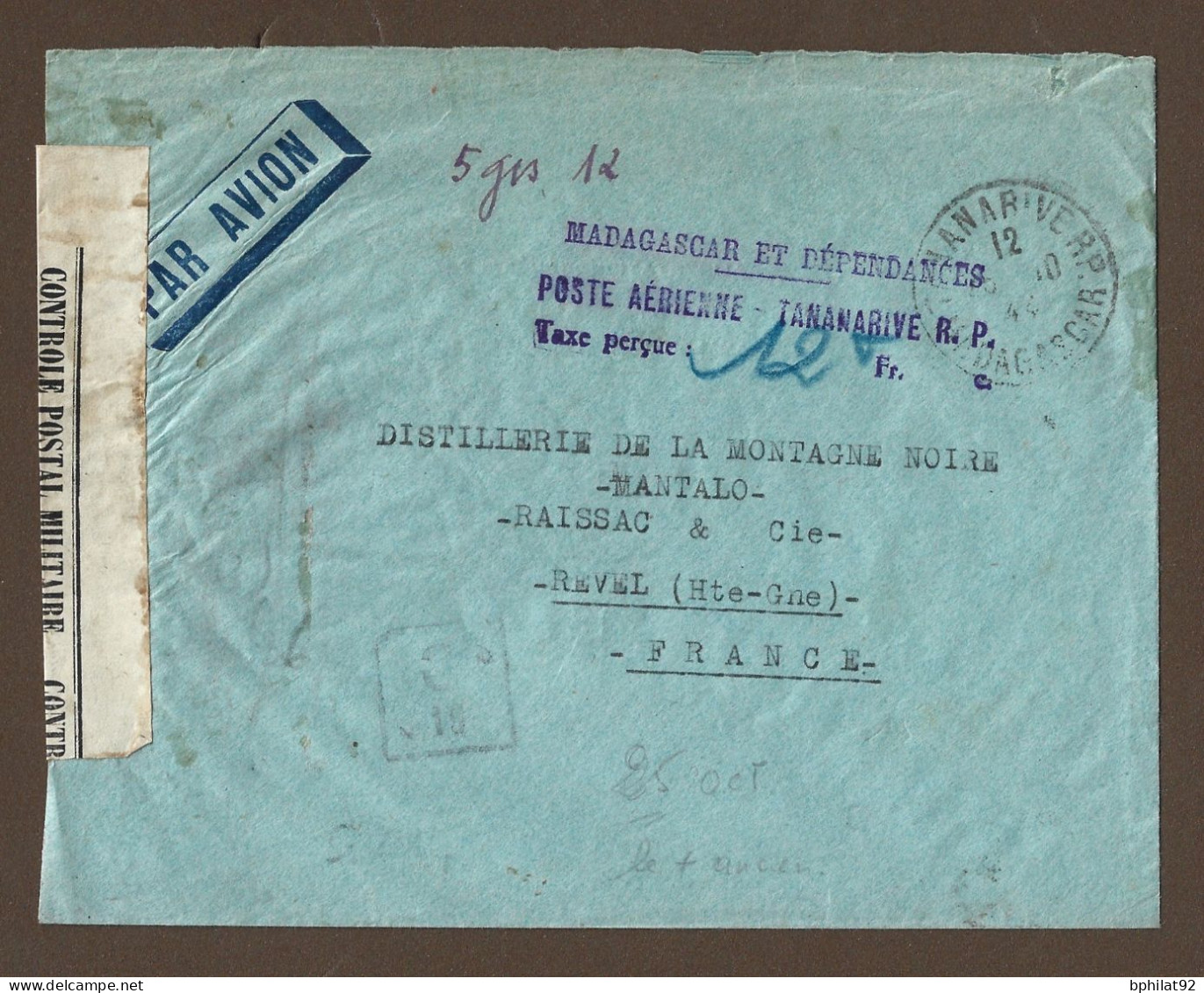 !!! MADAGASCAR, LETTRE PAR AVION AFFRANCHIE EN NUMÉRAIRE DE 1944, DE TANANARIVE POUR LA FRANCE AVEC CENSURE MILITAIRE - Airmail