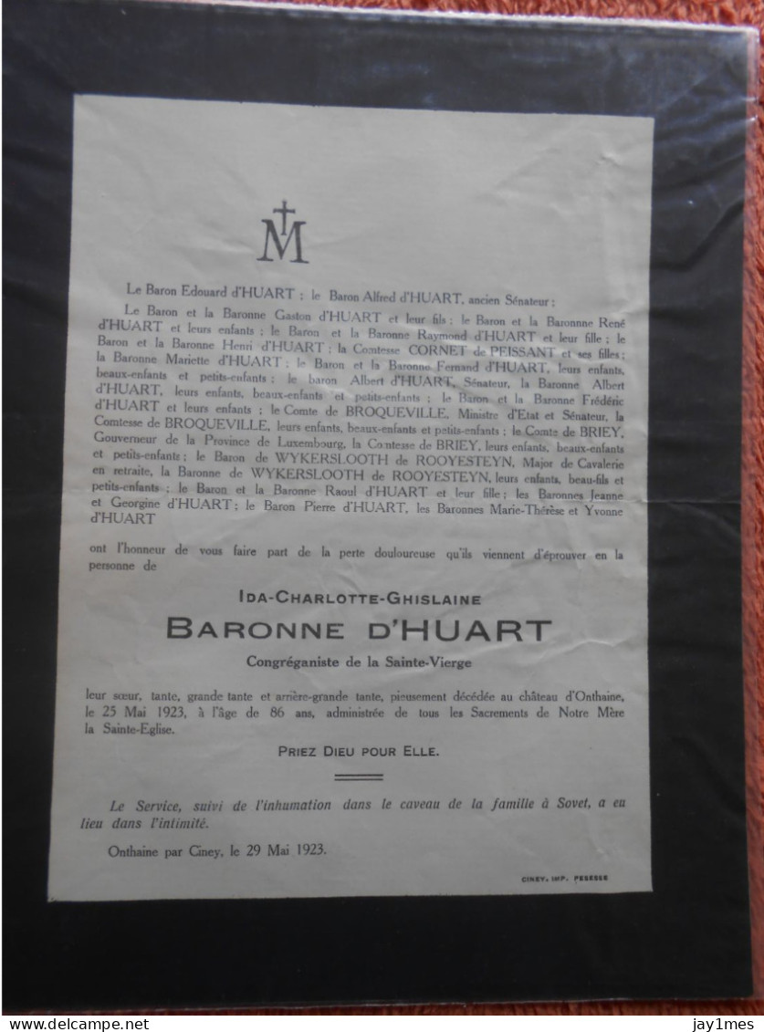 Baronne D'Huart Congréganiste St-vierge Décédée Château D'Onthaine Par Ciney à 86 Ans En 23  Pour Comtesse Château à Spa - Décès