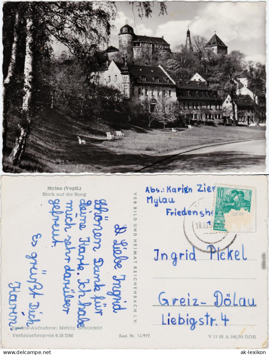 Mylau Straßenpartie Und Blick Zur Burg  Foto Ansichtskarte Vogtland1959 - Mylau
