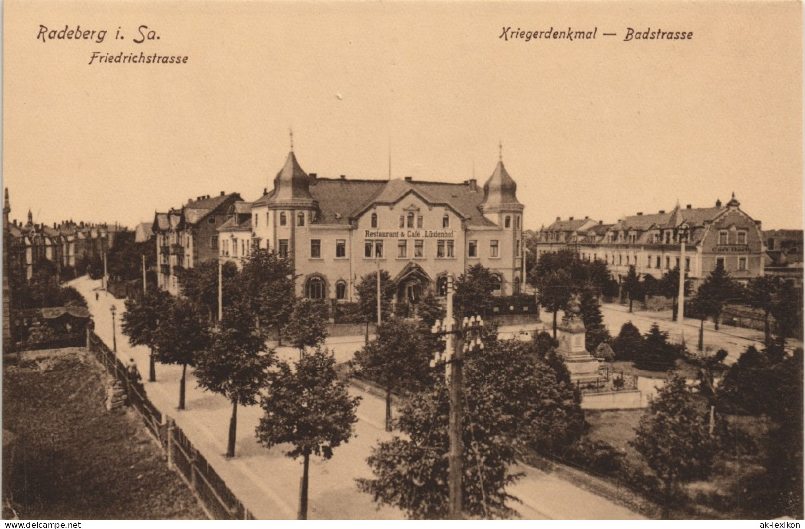 Ansichtskarte Radeberg Badstraße - Kriegerdenkmal - Friedrichstraße 1912 - Radeberg