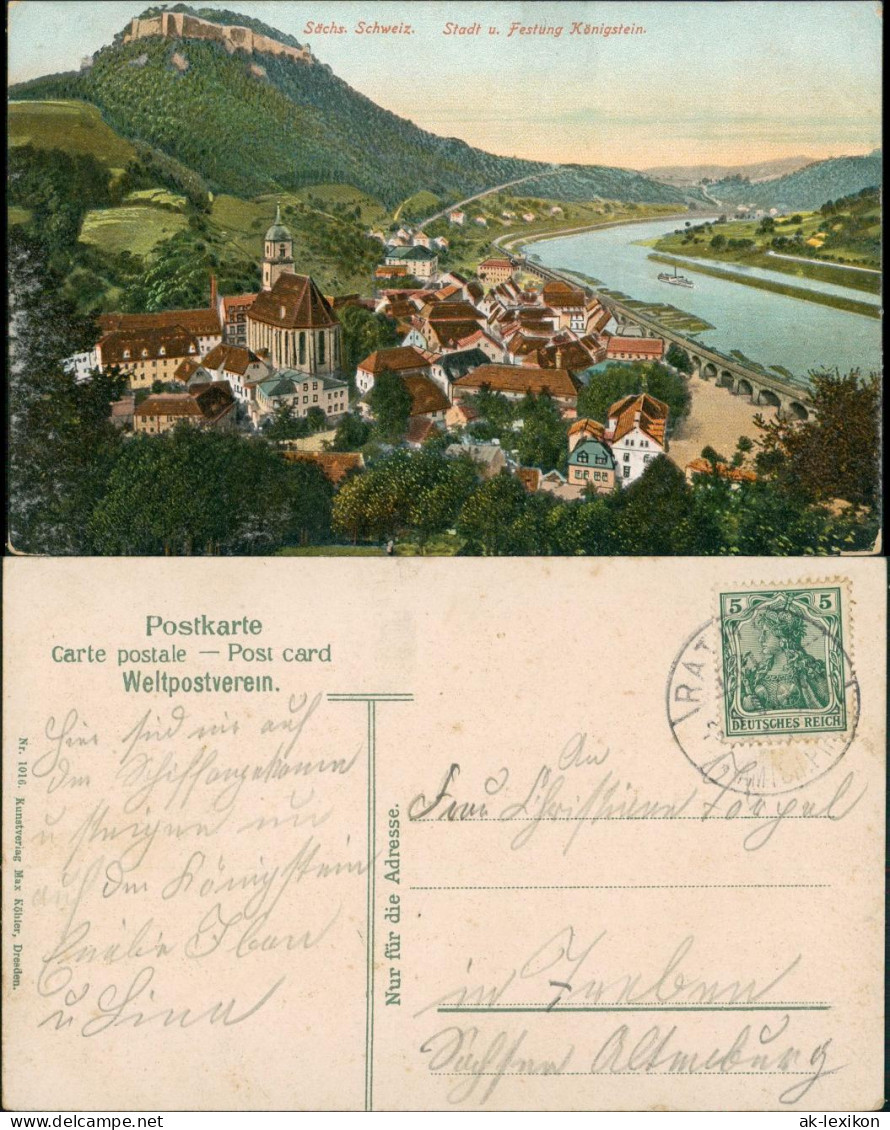 Königstein (Sächsische Schweiz) Panorama-Ansicht, Elbe, Festung Königstein 1905 - Koenigstein (Saechs. Schw.)
