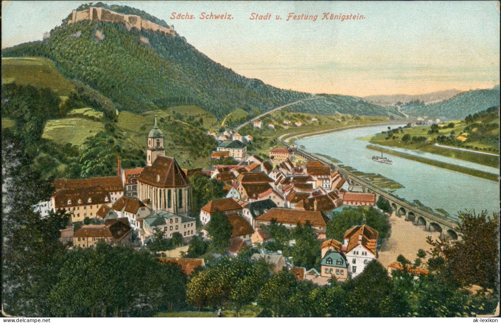 Königstein (Sächsische Schweiz) Panorama-Ansicht, Elbe, Festung Königstein 1905 - Koenigstein (Saechs. Schw.)