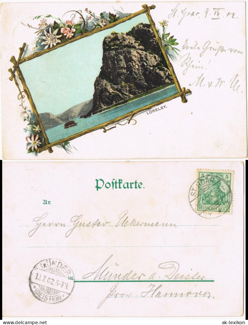 AK St. Goarshausen Loreley Rhein, Rahmen AK 1902  Gel. Ankunftsstempel Deister - Loreley