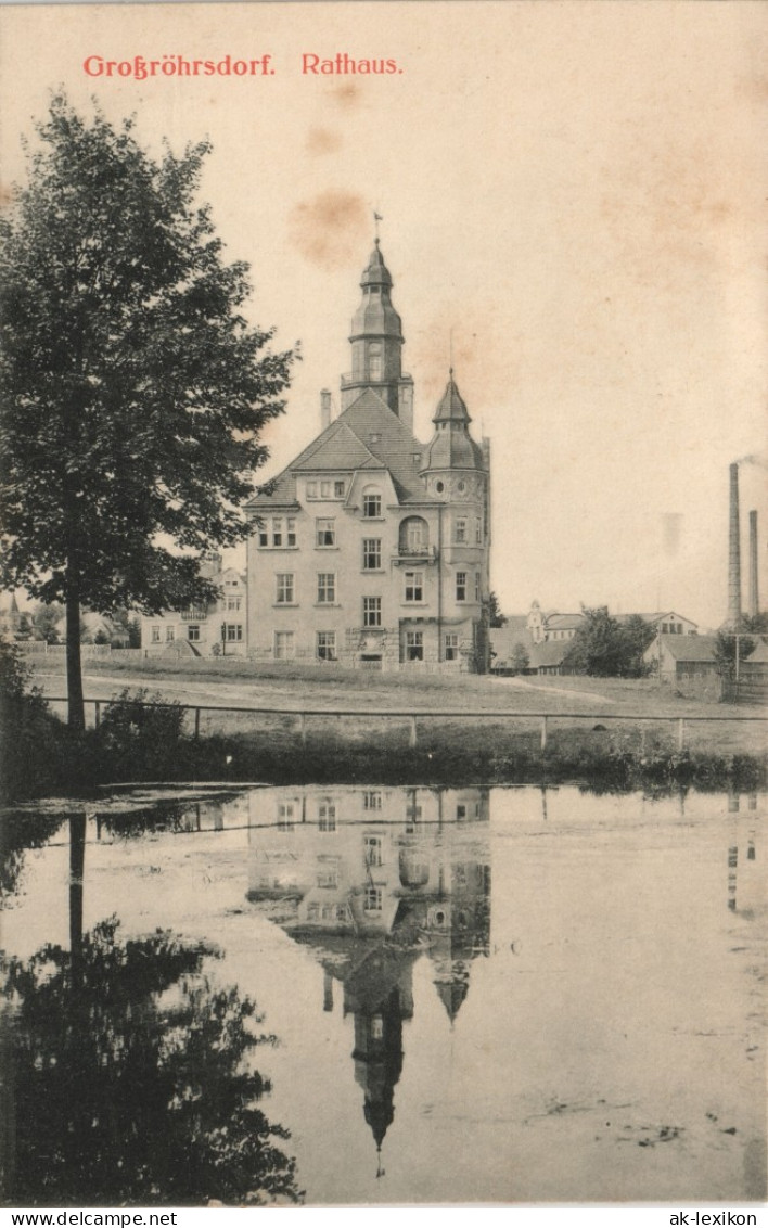 Ansichtskarte Großröhrsdorf Teich, Rathaus - Fabrik 1913 - Grossroehrsdorf