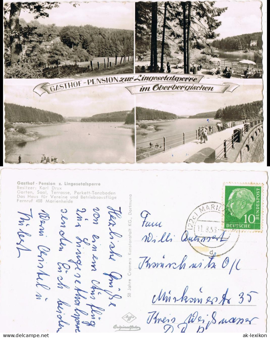 Ansichtskarte Marienheide GASTHOF-PENSION Zur Lingesetalsperre - 4 Bild 1958 - Marienheide