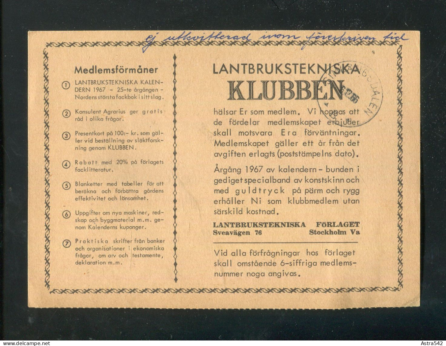 "SCHWEDEN" 1966, Nachnahmekarte Mit Rueckseits Firmenzudruck (A1003) - Storia Postale