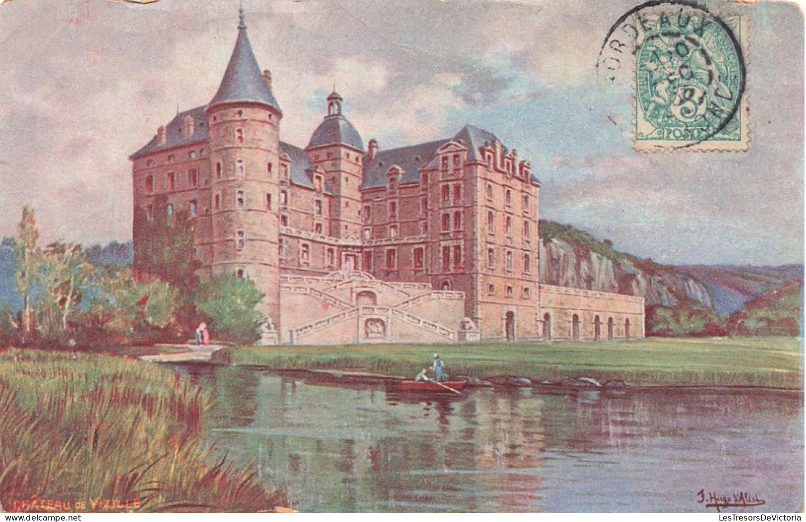 ILLUSTRATEURS - SIGNES - Hugo D'Alesi - Un Château - Une Barque - Un Lac - Animé - Colorisé - Carte Postale Ancienne - D'Alési, Hugo