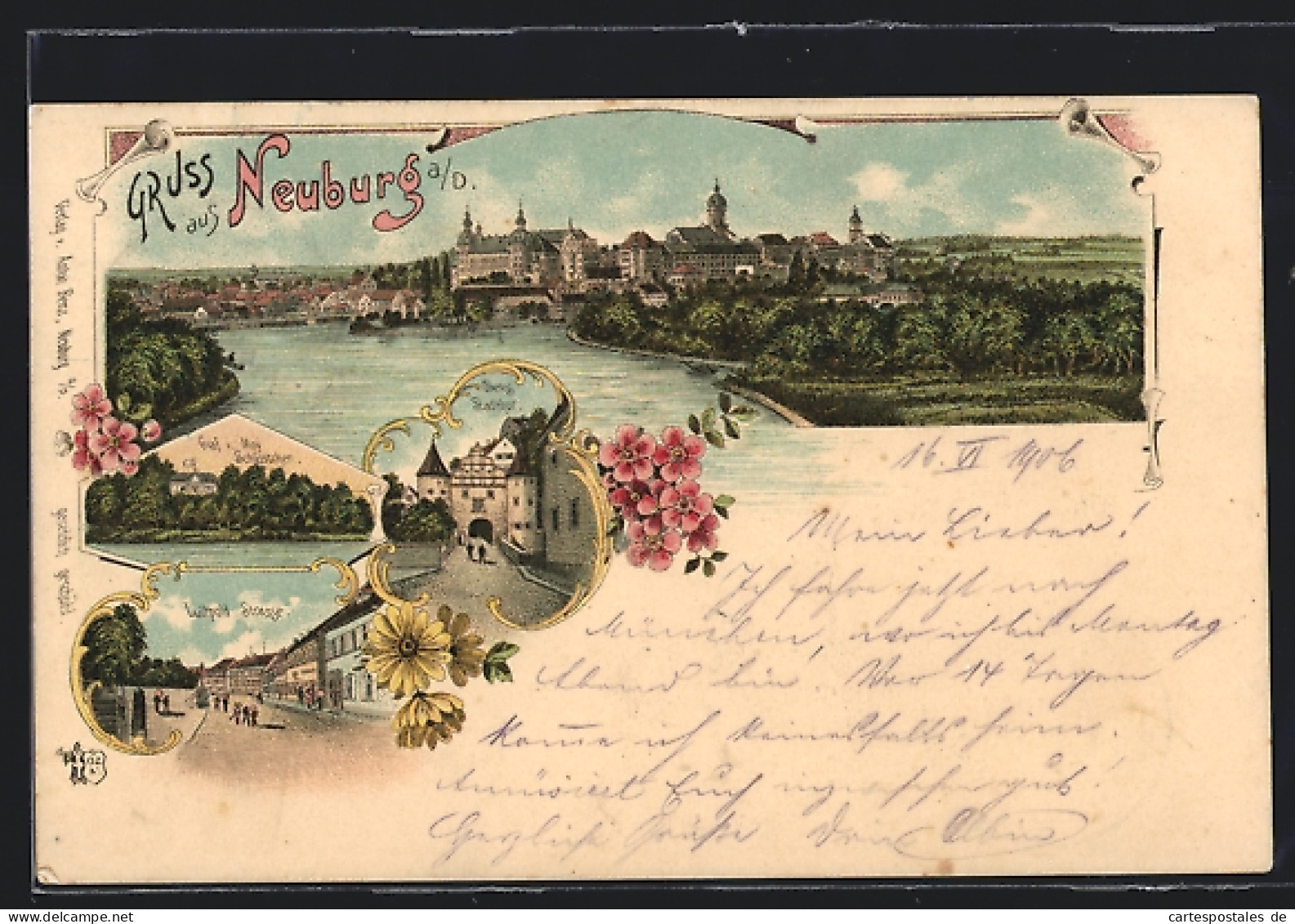 Lithographie Neuburg A. D., Luitpold Strasse, Oberes Stadttor, Panorama  - Neuburg