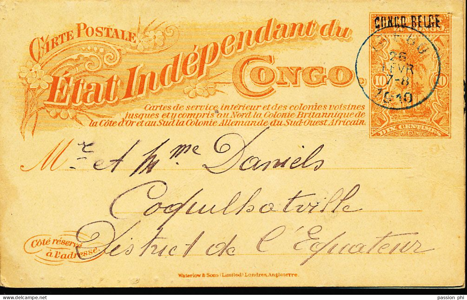 TT BELGIAN CONGO INLAND SBEP 24 L4 FROM IREBU 26.02.1910 TO COQUILHATVILLE - Interi Postali