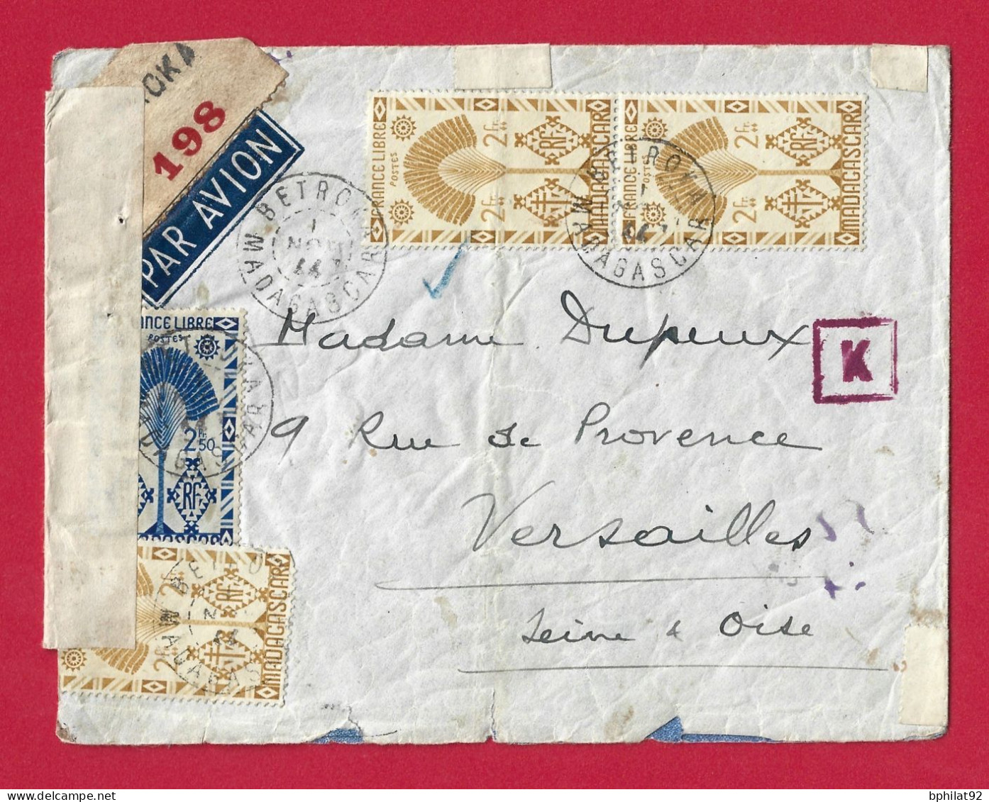 !!! MADAGASCAR, LETTRE PAR AVION DE BETROKA POUR LA FRANCE DE 1944 AVEC CENSURE MILITAIRE, BEL AFFRANCHISSEMENT - Airmail