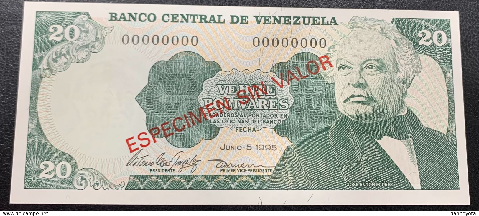 VENEZUELA. 20 BOLIVARES 5 JUNIO 1995. SOBRECARGA "ESPECIEMN SIN VALOR". SIN CIRCULAR. - Venezuela