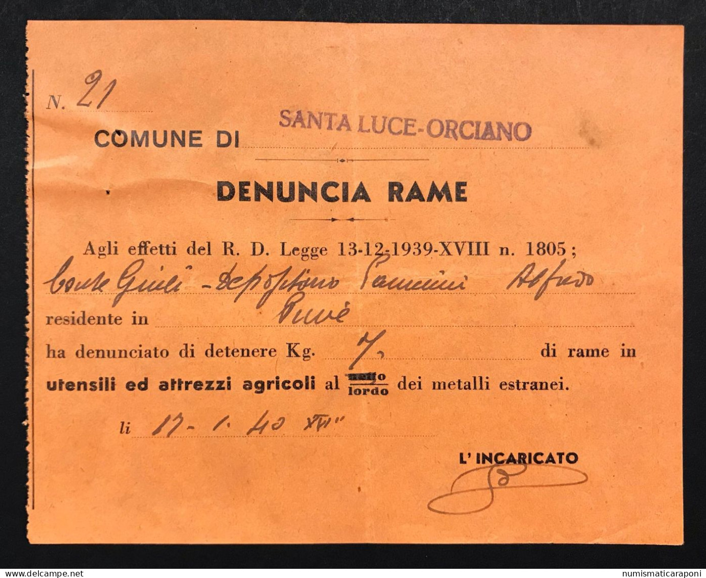 Santa Luce Orciano Denuncia Rame 7 Kg 1940 Lotto 475 - Italie