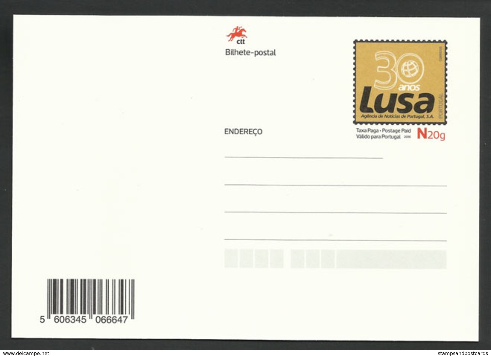 Portugal 2016 Entier Postal 30 Ans Lusa Agence De Presse Portugaise Media Postal Stationery Lusa News Agency 30 Years - Entiers Postaux