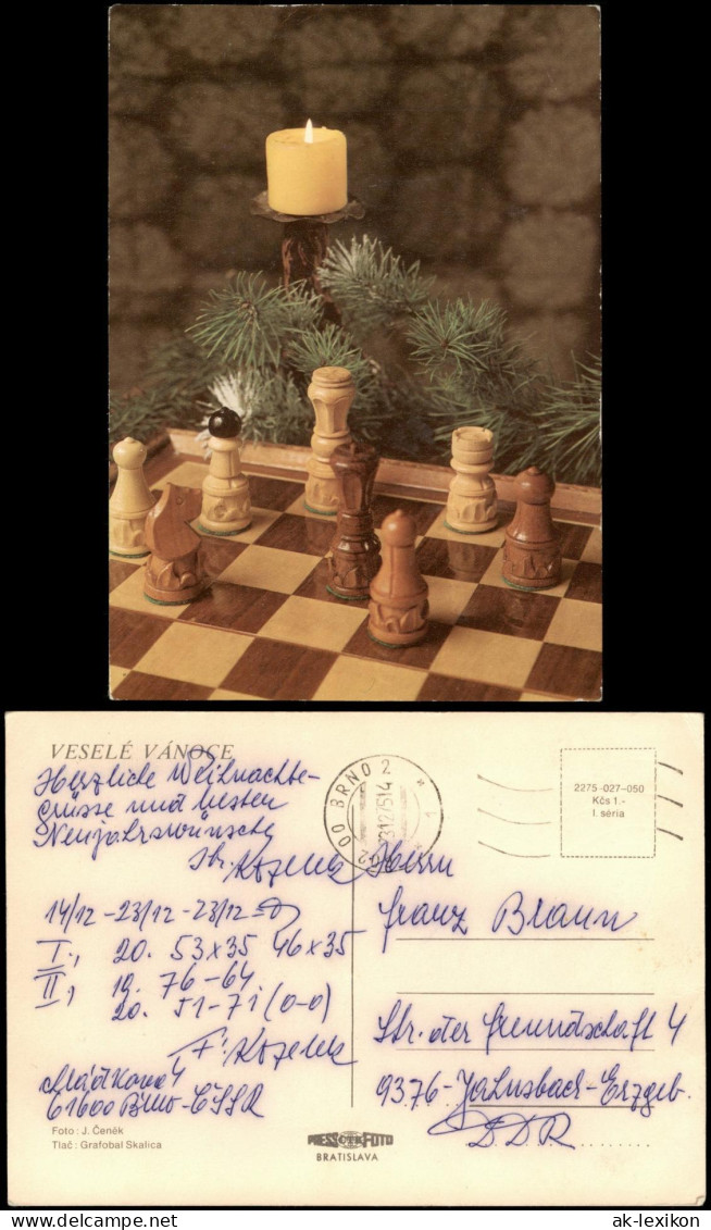 Schach Chess Motivkarte Spielbrett Mit Kerze U. Tannenzweigen 1975 - Contemporain (à Partir De 1950)