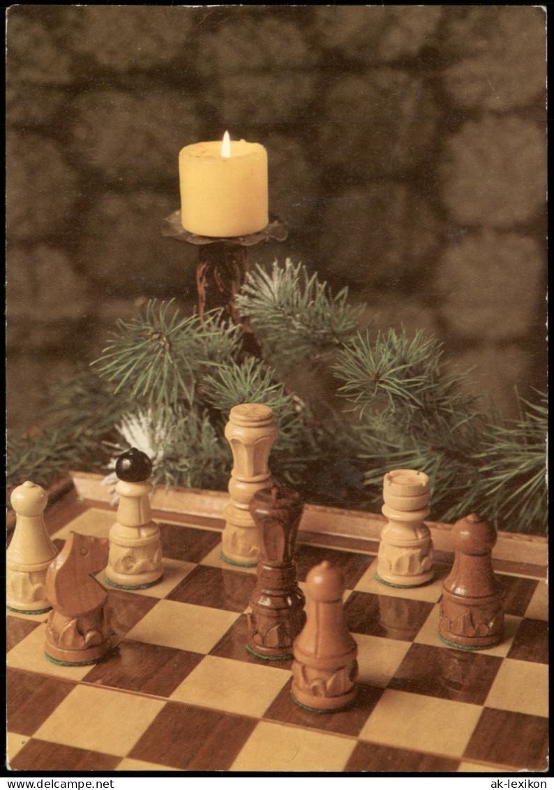 Schach Chess Motivkarte Spielbrett Mit Kerze U. Tannenzweigen 1975 - Contemporain (à Partir De 1950)