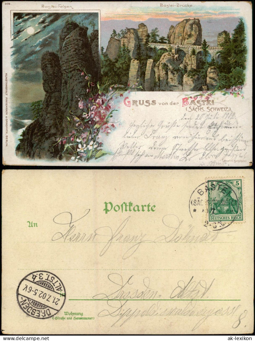 Litho AK Rathen 2 Bild Basteifelsen (Sächsische Schweiz) Tag Und Nacht 1902 - Rathen