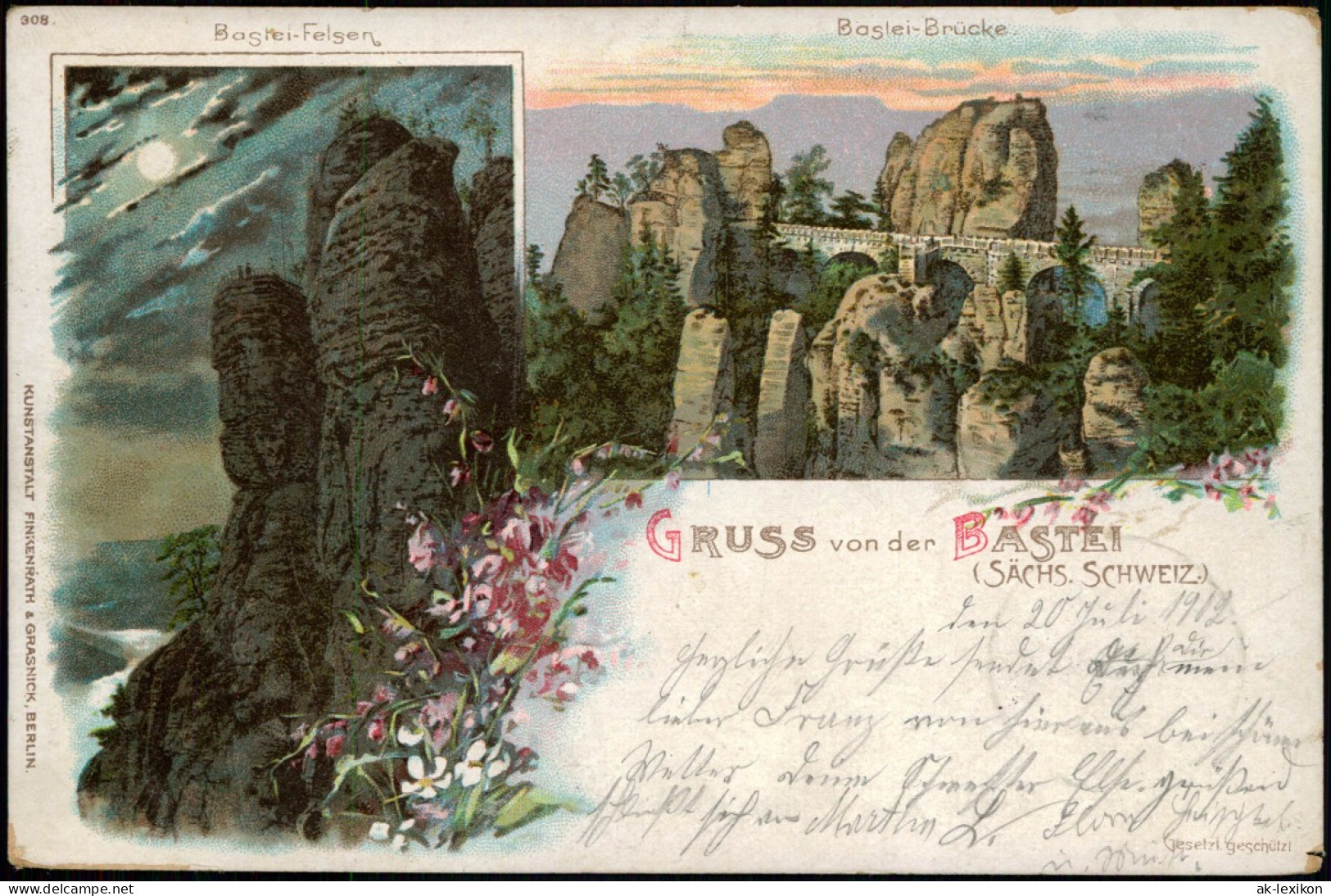 Litho AK Rathen 2 Bild Basteifelsen (Sächsische Schweiz) Tag Und Nacht 1902 - Rathen