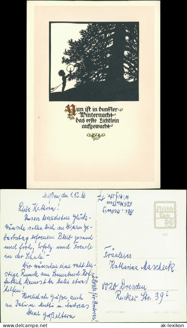 Scherenschnitt Schattenschnitt-Ansichtskarte Kind Schmückt Weihnachtsbaum 1966 - Silhouettes