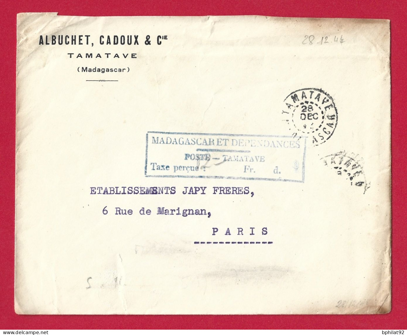 !!! MADAGASCAR, LETTRE AFFRANCHIE EN NUMÉRAIRE DE TAMATAVE POUR PARIS DE 1944 - Cartas & Documentos