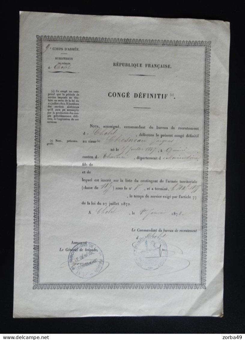 Bureau De Recrutement Et De Requisition De CHOLET Beau Document De 1878 Congé Définitif - Altri & Non Classificati