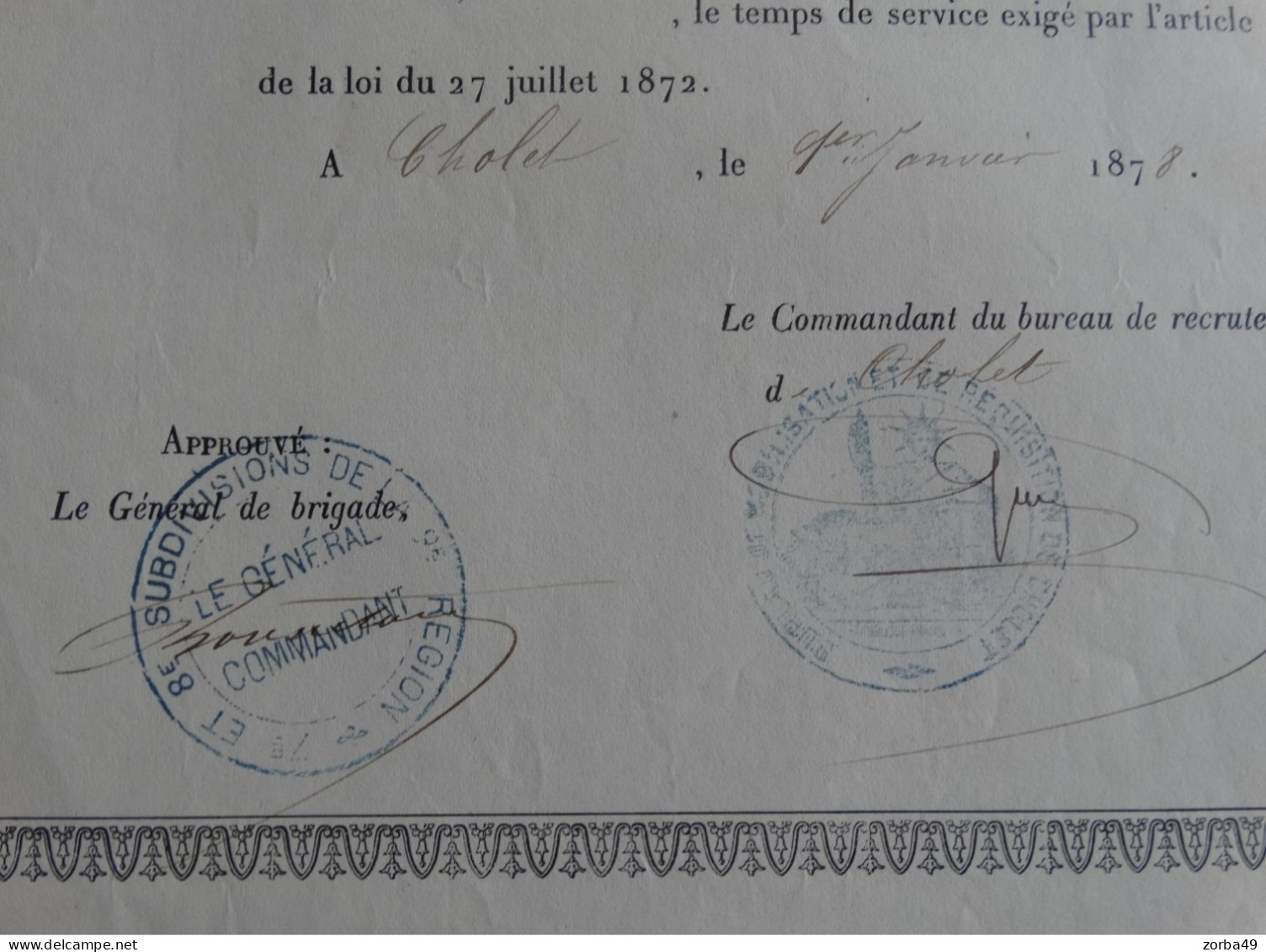 Bureau De Recrutement Et De Requisition De CHOLET Beau Document De 1878 Congé Définitif - Altri & Non Classificati