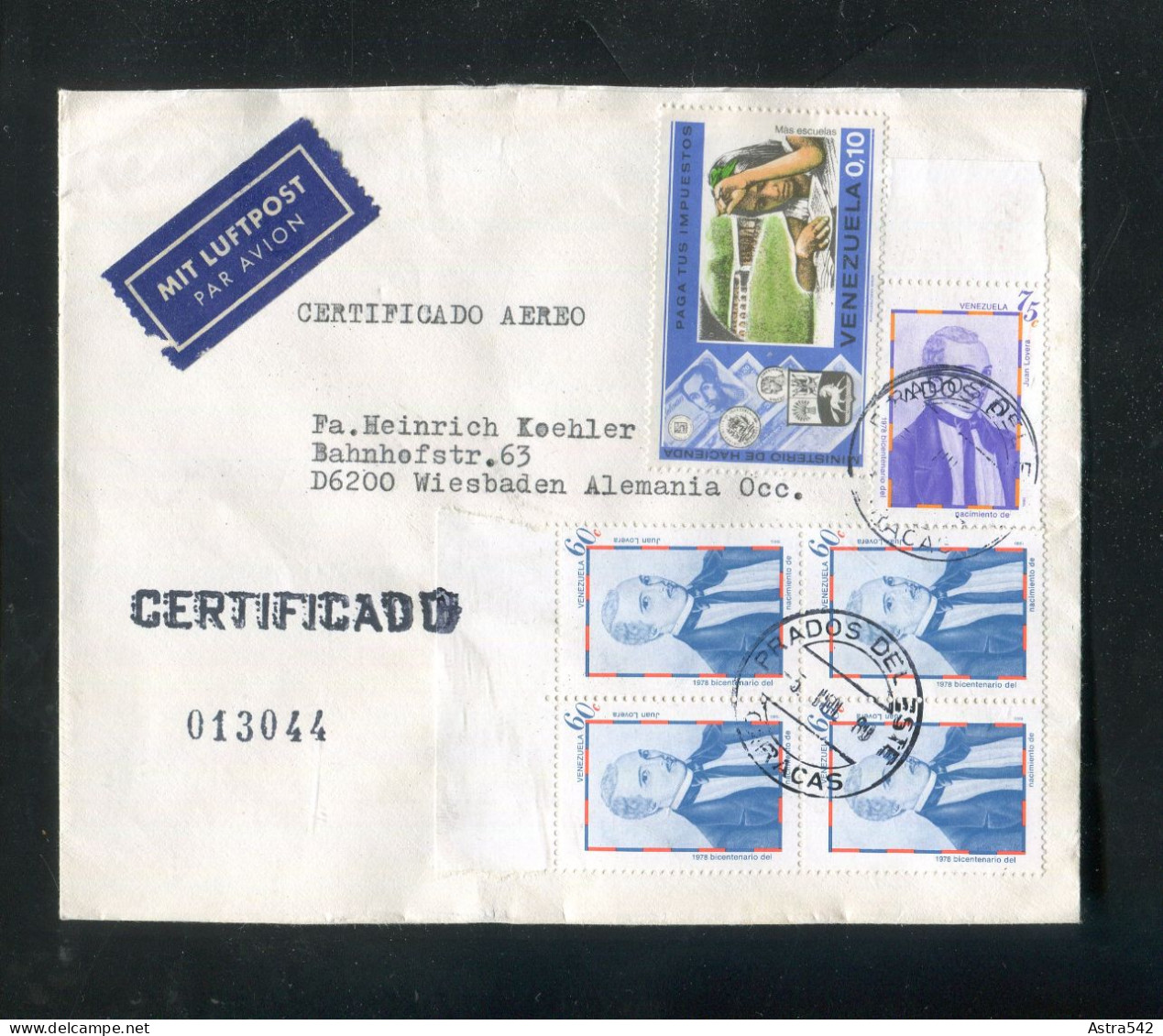 "VENEZUELA" 1980, Reco-/Lupo-Brief Ex "Prados Del Este Caracas" Nach Wiesbaden, Rs. Vignette (A1013) - Venezuela