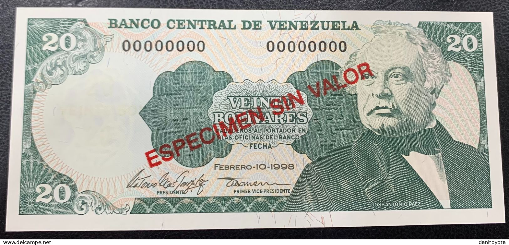 VENEZUELA. 20 BOLIVARES 10 FEBRERO AÑO 1998. "ESPECIMEN SIN VALOR". SIN CIRCULAR. - Venezuela