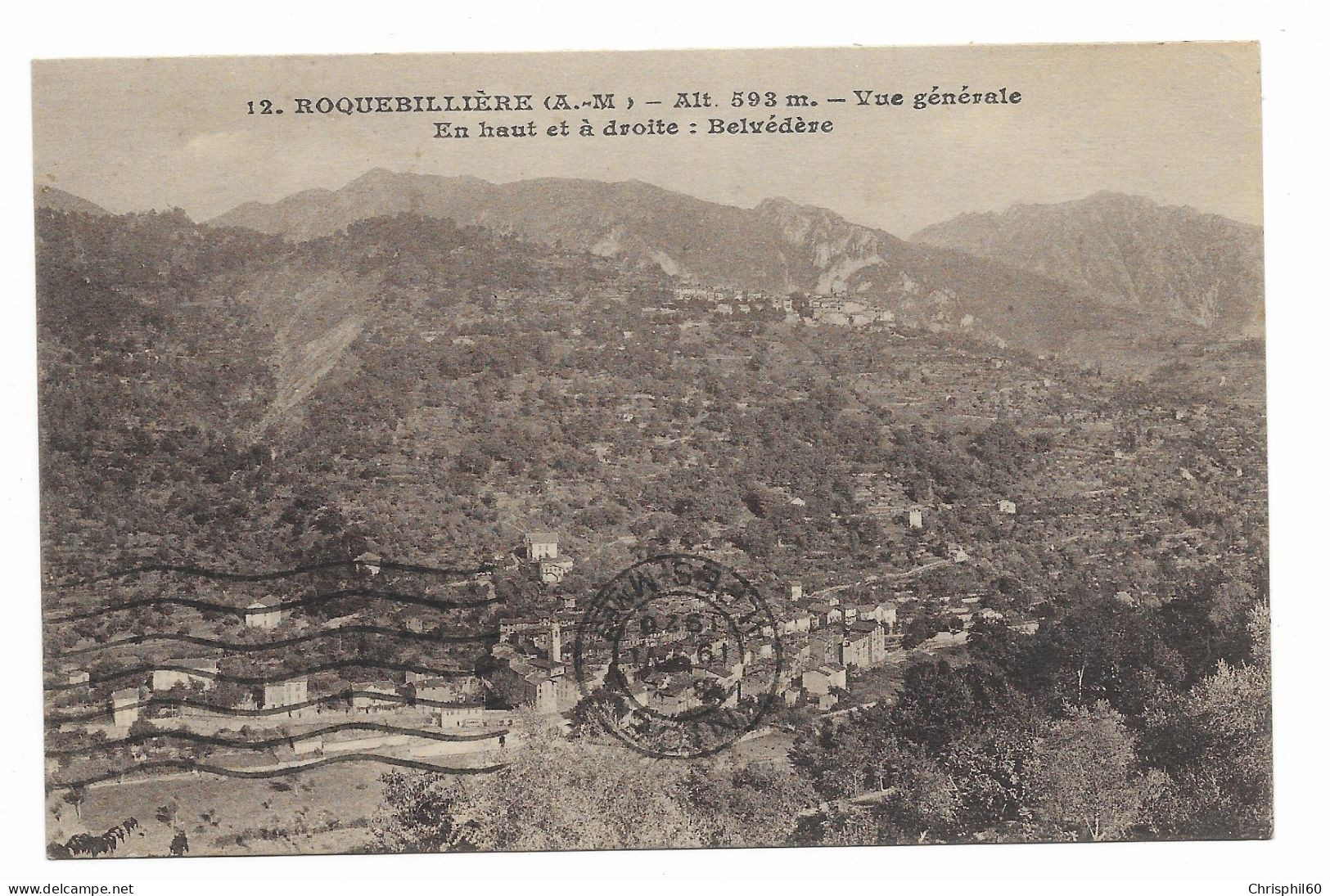 CPA RARE Circulée En 1926 - ROQUEBILLIERE - Vue Générale - En Haut Et à Droite : Belvédère - Edit. Lemaître - N° 12 - - Roquebilliere