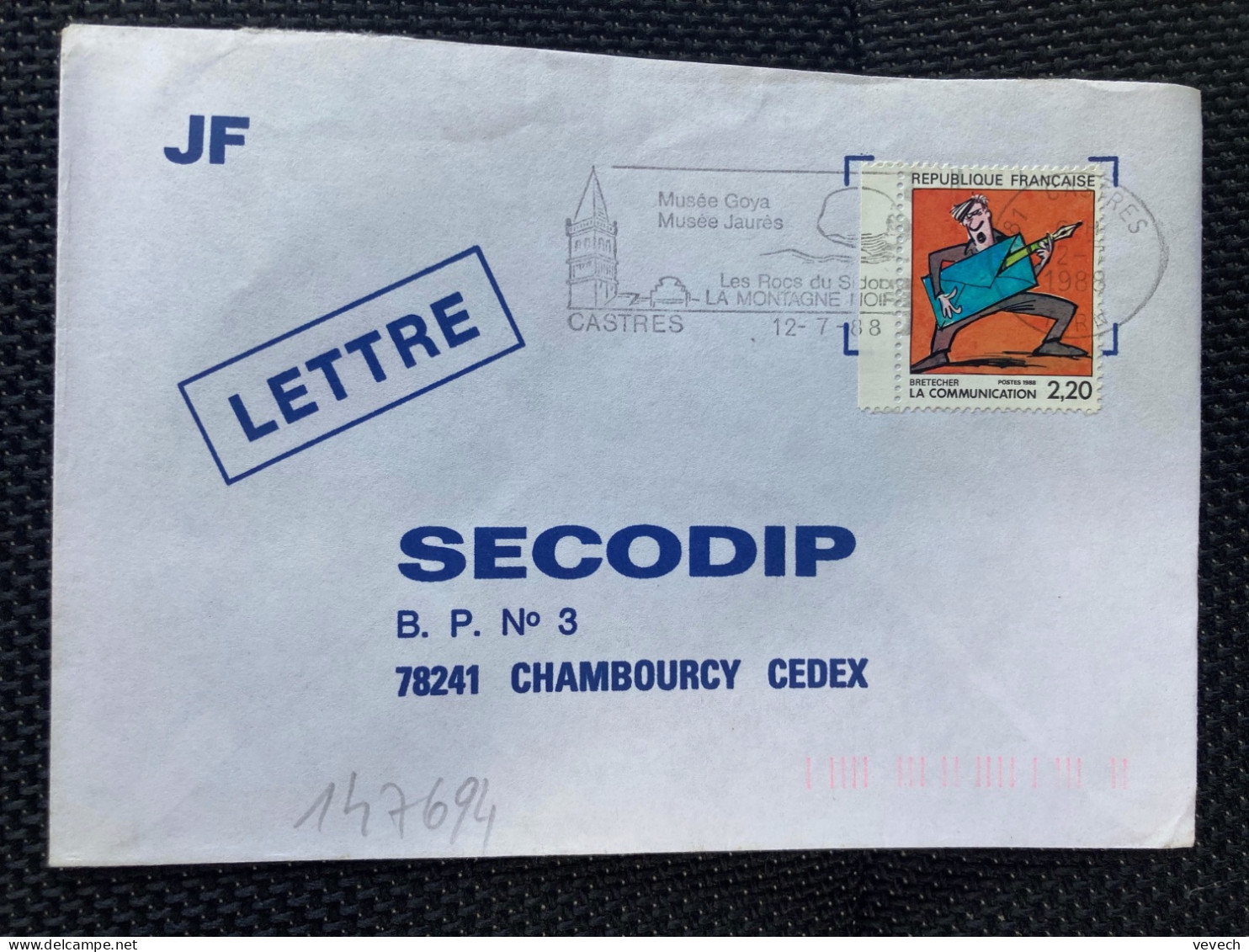 LETTRE TP YT 2509 LA COMMUNICATION BRETECHER 2,20 OBL.MEC.12-7 1988 81 CASTRES TARN - Cartas & Documentos