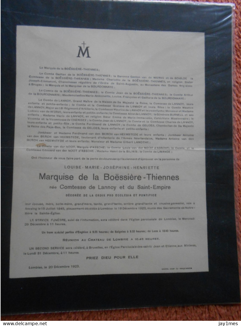 Marquise Boessière-Thiennes Née Comtesse De Lannoy Née  Anvaing Décédée à Lombise 1845-1923  Pour Comtesse Château à Spa - Décès