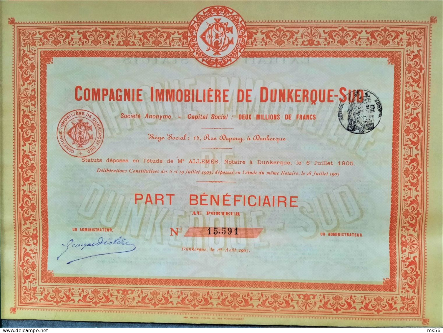 S.A. Compagnie Immobilière De Dunkerque-Sud - Part Bénéficiaire - 1905 - Autres & Non Classés