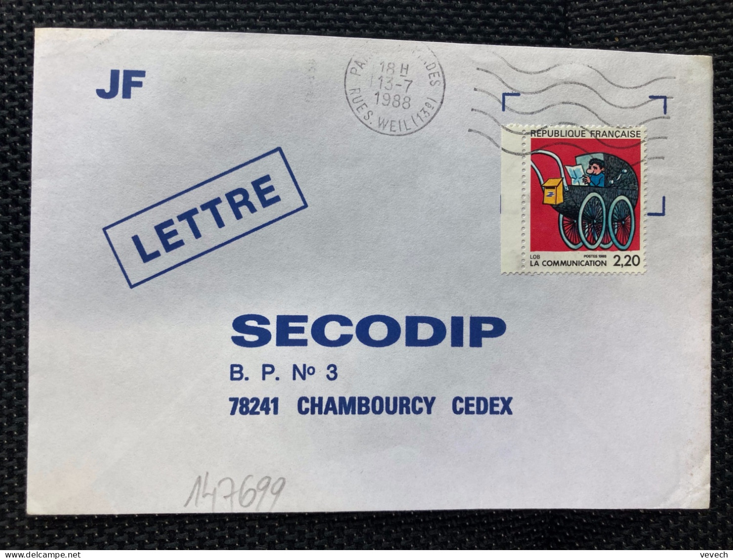 LETTRE TP YT 2513 LA COMMUNICATION LOB 2,20 OBL.MEC.13-7 1988 PARIS - Storia Postale