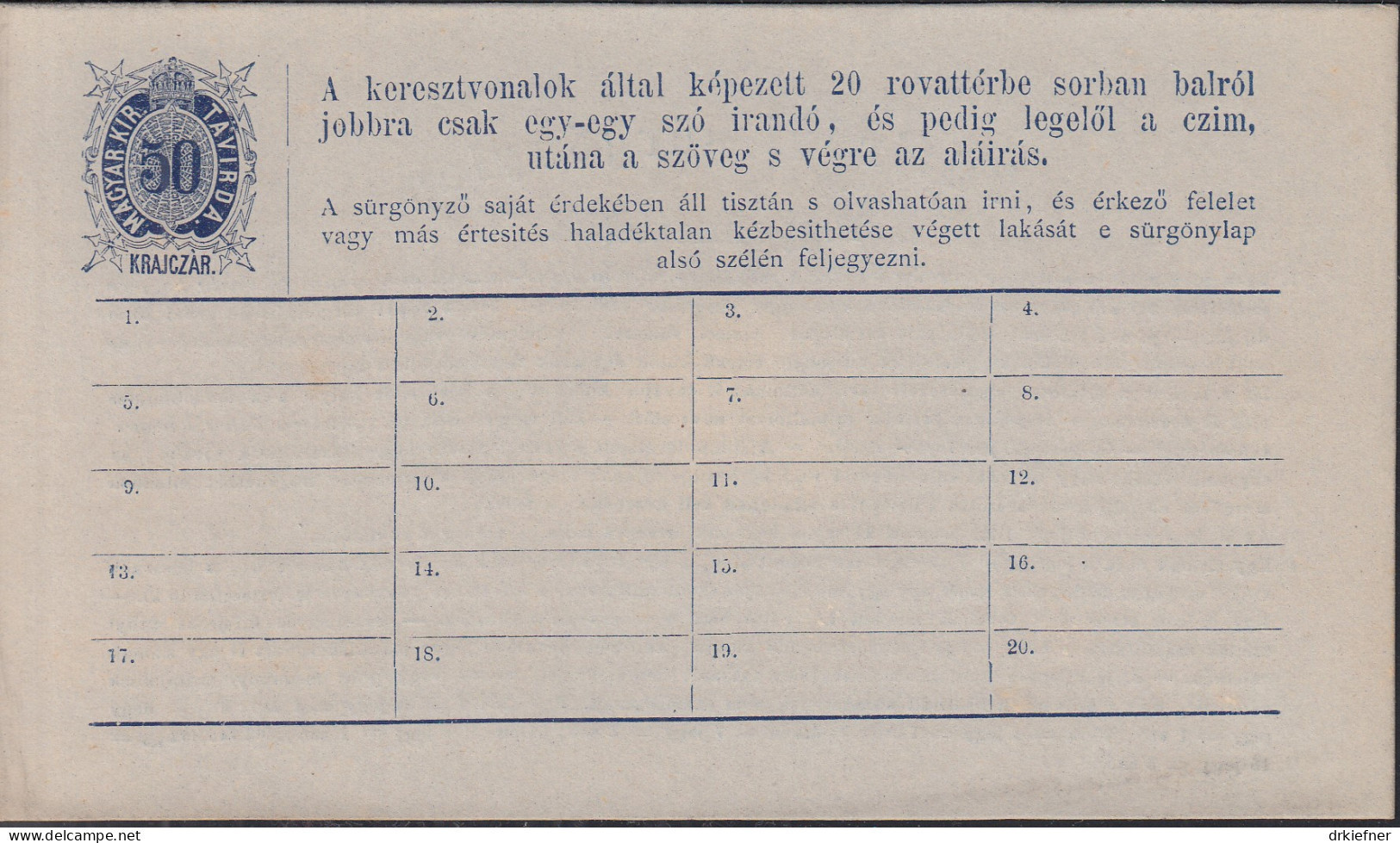 UNGARN  TLK 1, Telegramm-Karte, Ungebraucht *, 1873 - Entiers Postaux