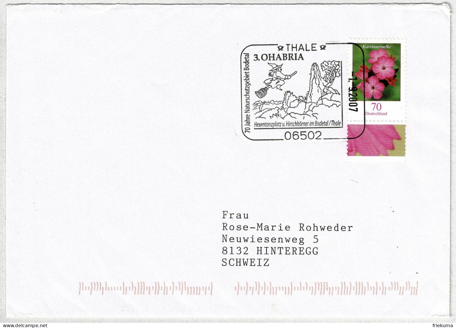 Deutschland 2007, Brief Ohabria Thale - Hinteregg (Schweiz), Hexe / Sorcière / Witch - Märchen, Sagen & Legenden