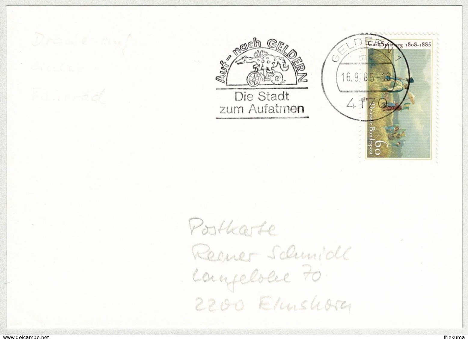 Deutsche Bundespost 1985, Postkarte Geldern - Elmshorn, Drache Auf Fahrrad, Fabelwesen - Verhalen, Fabels En Legenden