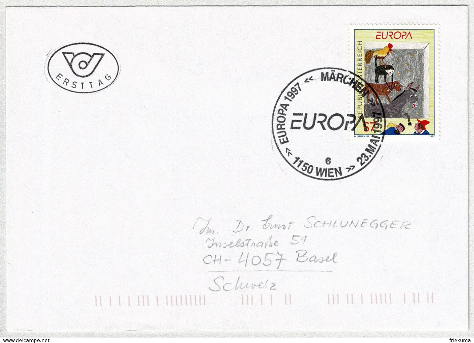 Oesterreich / Austria 1997, Brief Ersttag Europa Wien - Basel (Schweiz), Märchen Bremer Stadtmusikanten, Gebrüder Grimm - Cuentos, Fabulas Y Leyendas