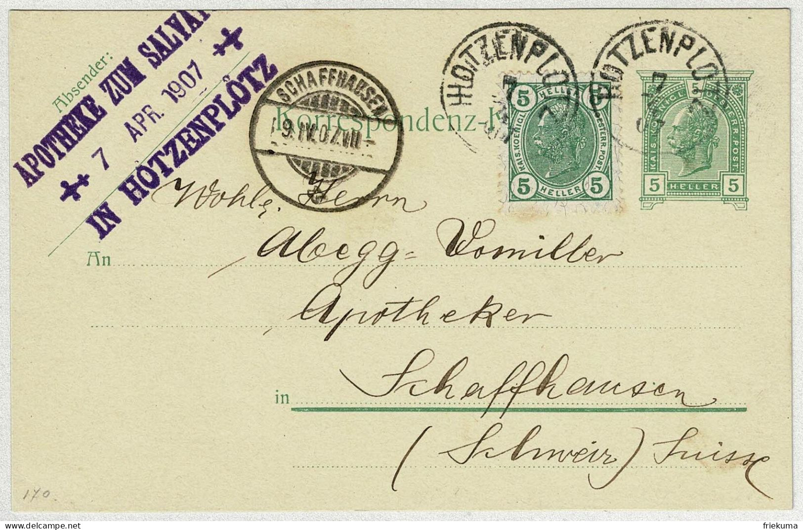 Oesterreich / Austria 1907, Ganzsachen-Karte / Stationery Hotzenplotz - Schaffhausen (Schweiz) - Marionnetten