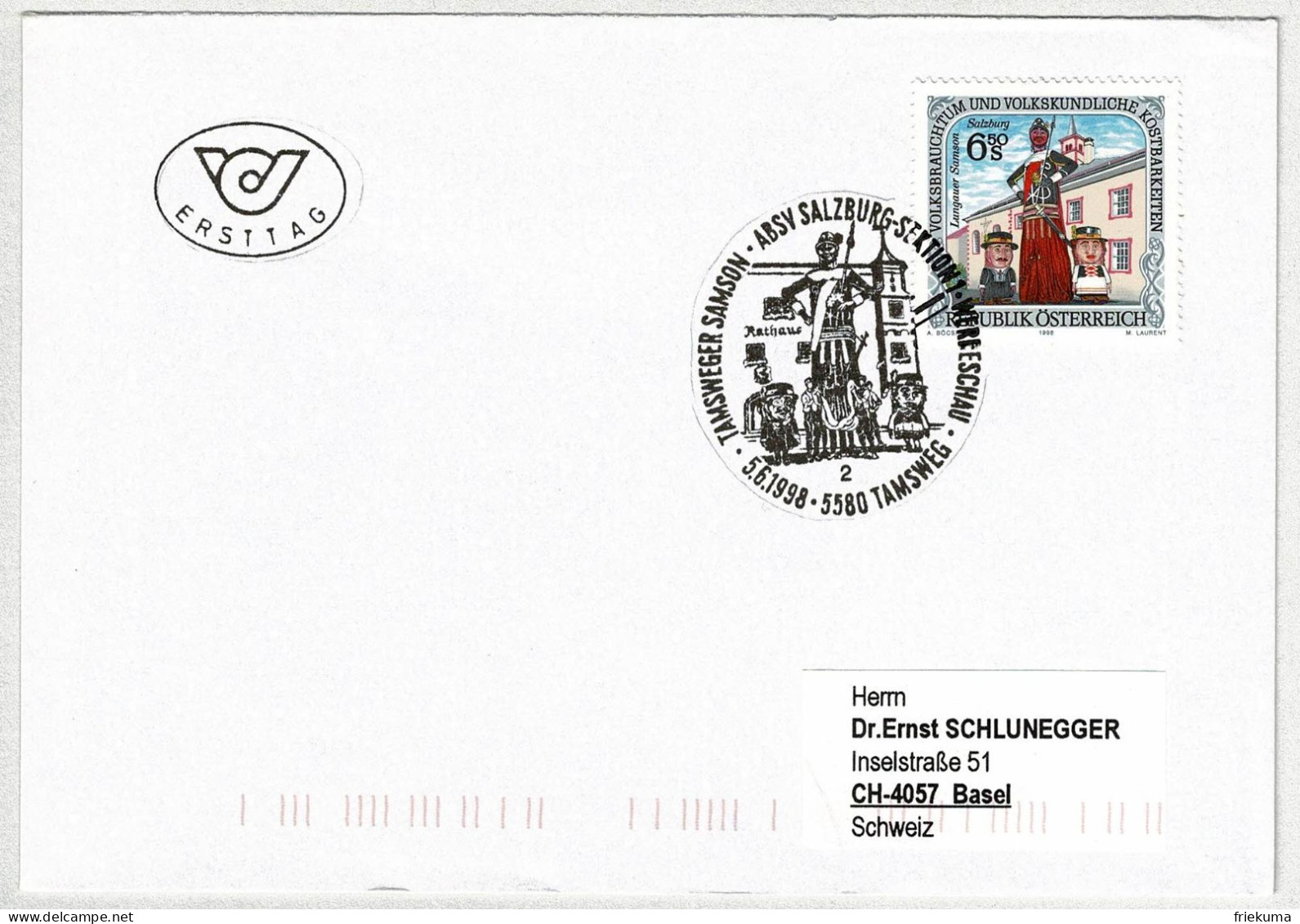 Oesterreich / Austria 1998, Brief Ersttag Lungauer Samson Salzburg Tamsweg - Basel (Schweiz) - Cuentos, Fabulas Y Leyendas
