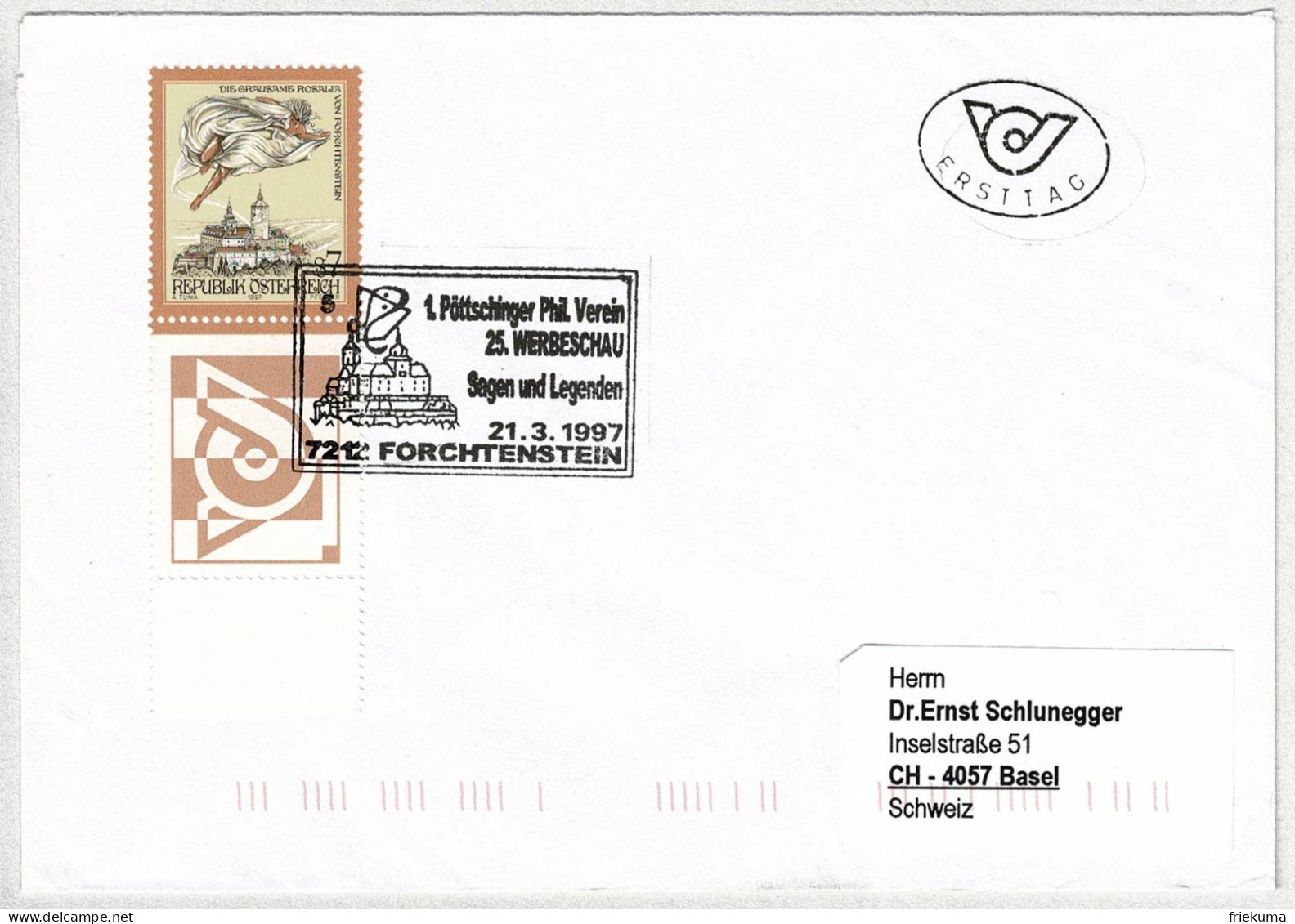 Oesterreich / Austria 1997, Brief Ersttag Sagen Und Legenden Forchtenstein - Basel (Schweiz), Grausame Rosalia - Märchen, Sagen & Legenden