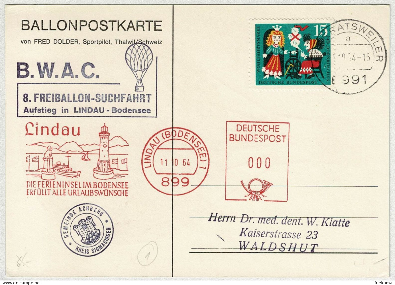 Deutsche Bundespost 1964, Ballonpostkarte Lindau - Waldshut, Märchen Dornröschen, Freistempel Hafeneinfahrt Leuchtturm - Cuentos, Fabulas Y Leyendas