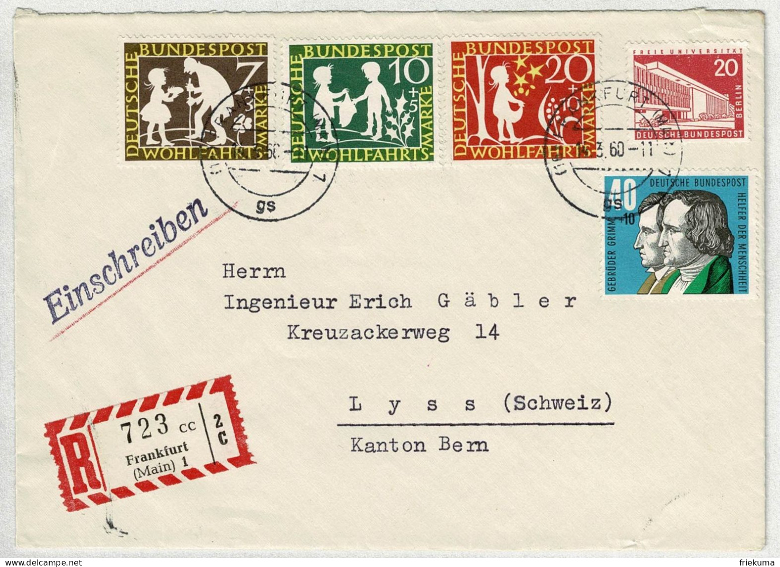 Deutsche Bundespost 1960, Brief Einschreiben Frankfurt - Lyss (Schweiz), Gebrüder Gimm, Helfer Der Menschheit - Märchen, Sagen & Legenden