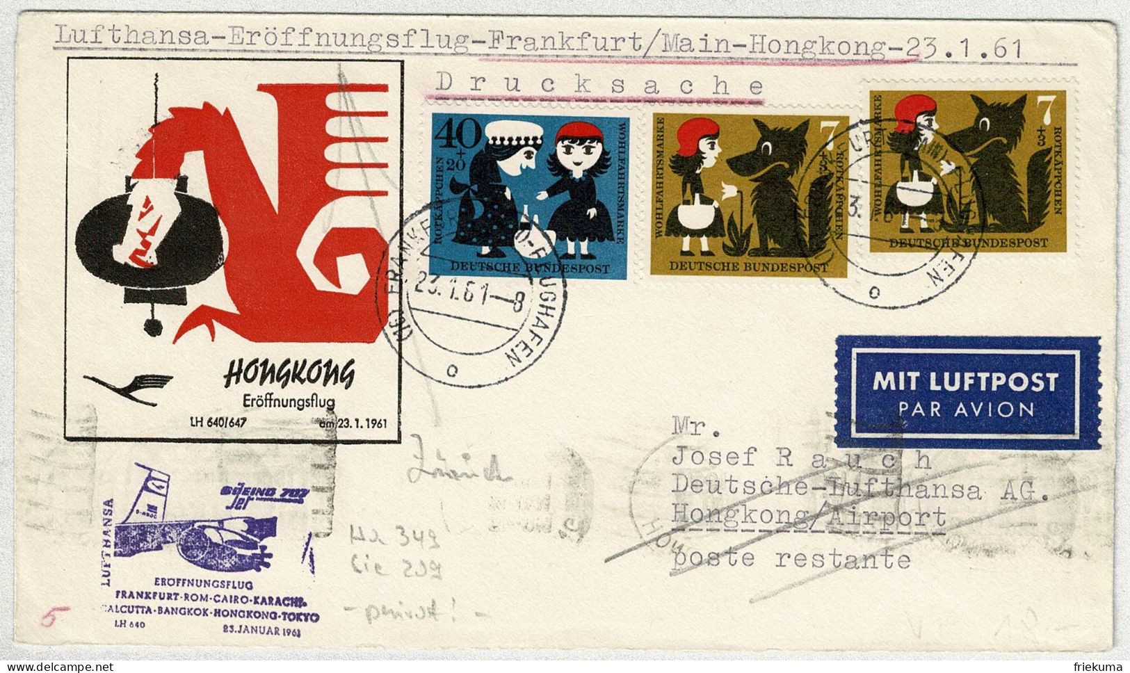 Deutsche Bundespost 1961, Brief Drucksache Eröffnungsflug Lufthansa Frankfurt - Hongkong, Rotkäppchen, Gebrüder Grimm - Märchen, Sagen & Legenden