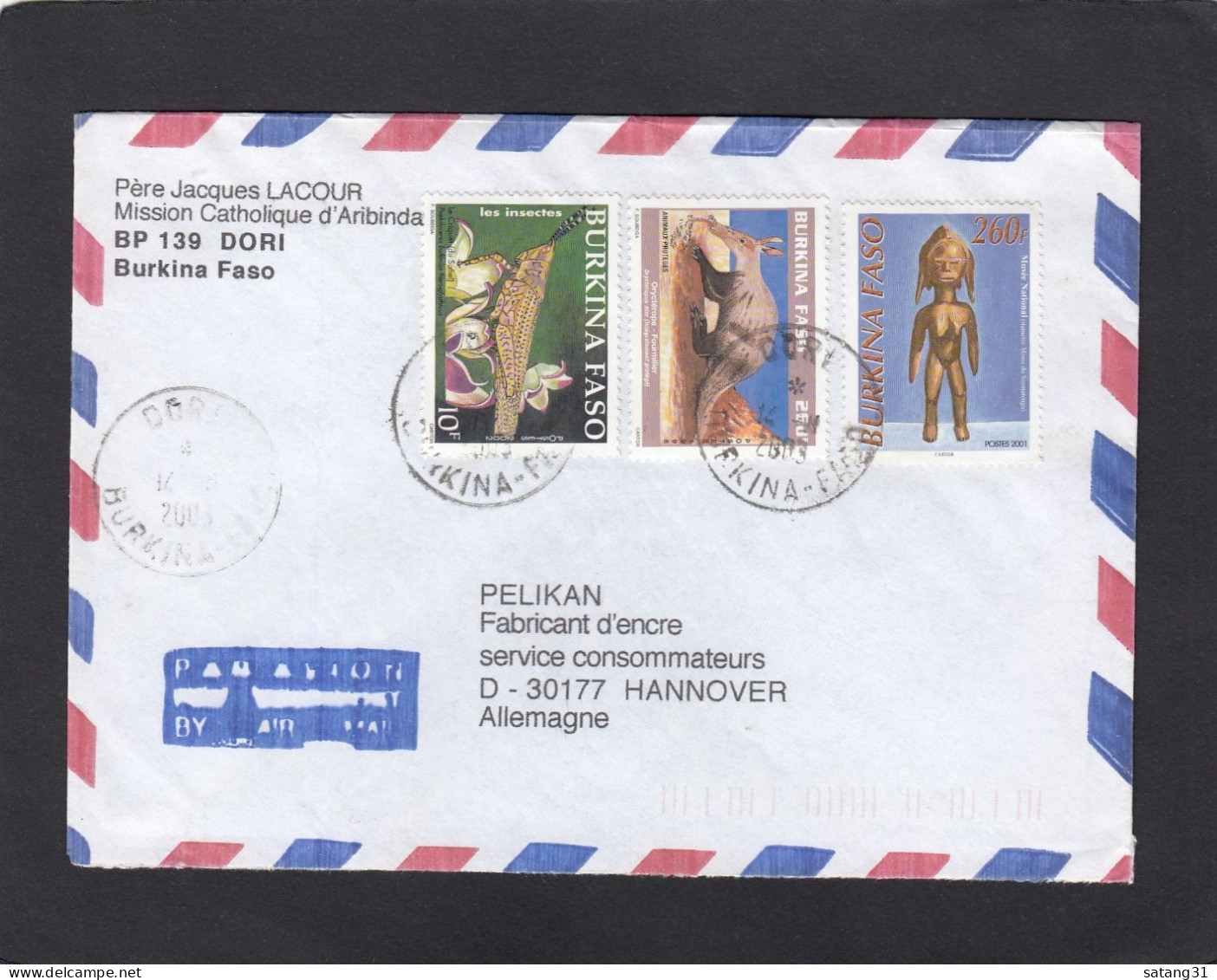 LETTRE DE DORI AVEC TIMBRES "CRIQUET/FOURMILIER/STATUETTE" POUR L'ALLEMAGNE,2003. - Burkina Faso (1984-...)