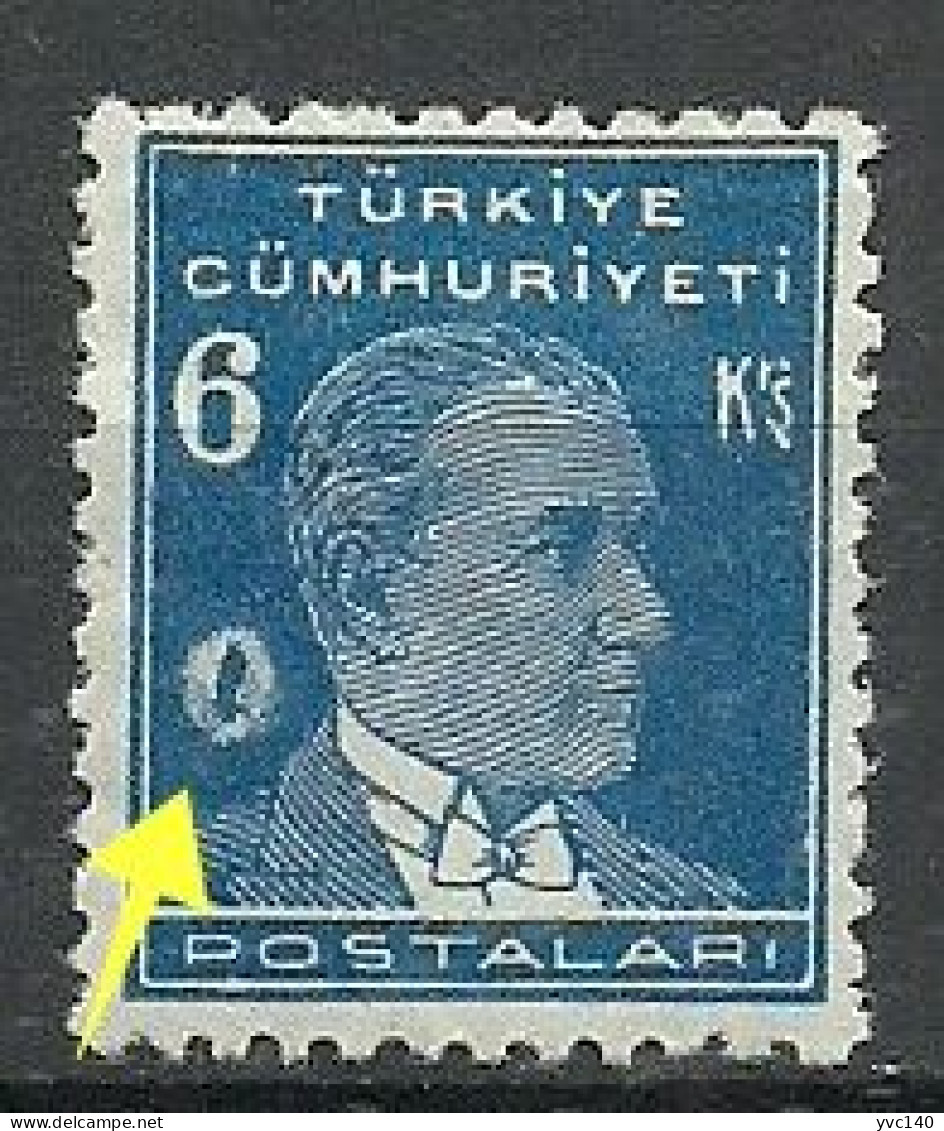 Turkey; 1931 1st Ataturk Issue Stamp 6 K. "Printing Stain" - Ongebruikt