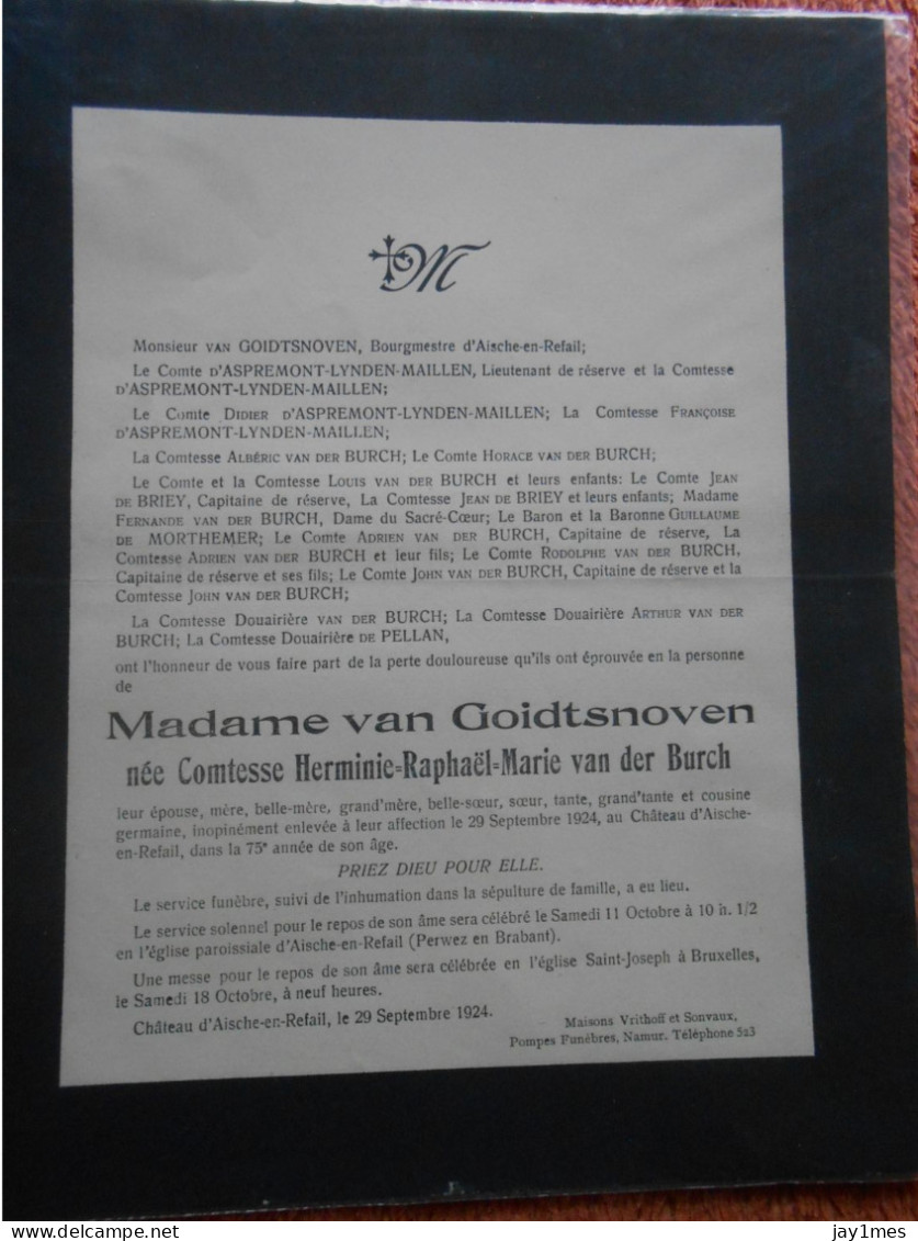 Décédée  Château Aische-en-Refail à 75 Ans En 24 Van Goidtsnoven Née Comtesse Van Der Burch Pour Comtesse Château à Spa - Décès