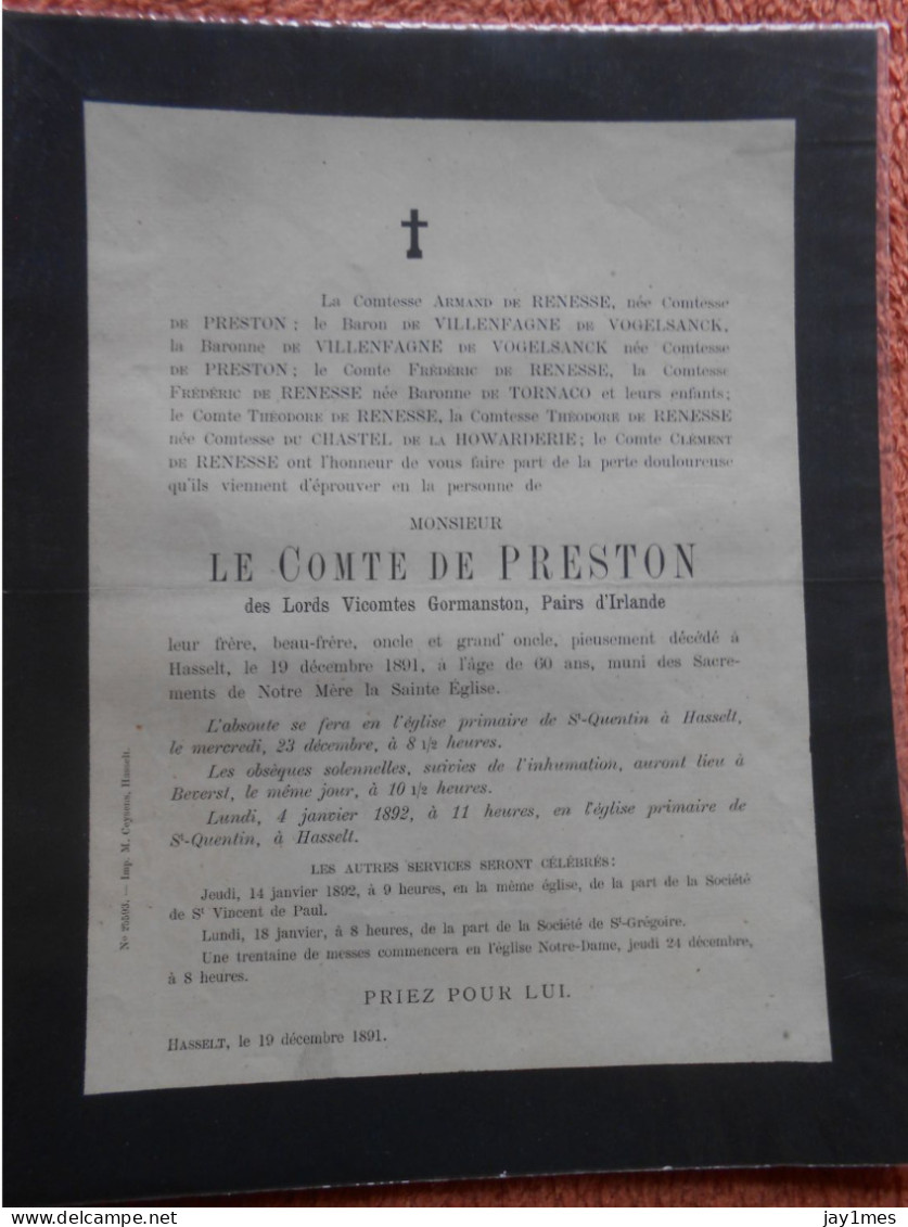 Hasselt Comte De Preston Décédé En 1891 à 60 Ans Inhumé à Beverst Pour Comtesse Château à Spa - Décès