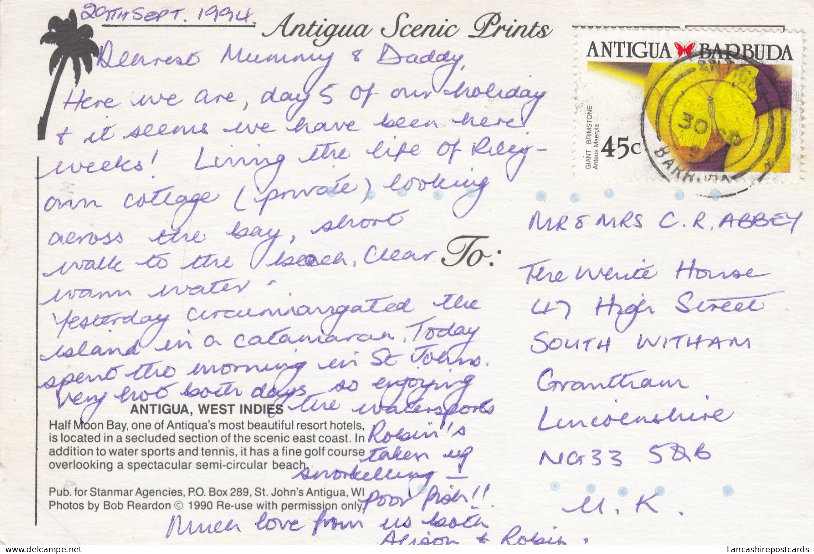 Postcard Half Moon Bay Antigua West India Resort Hotel PU 1994 My Ref B26439 - Antigua En Barbuda